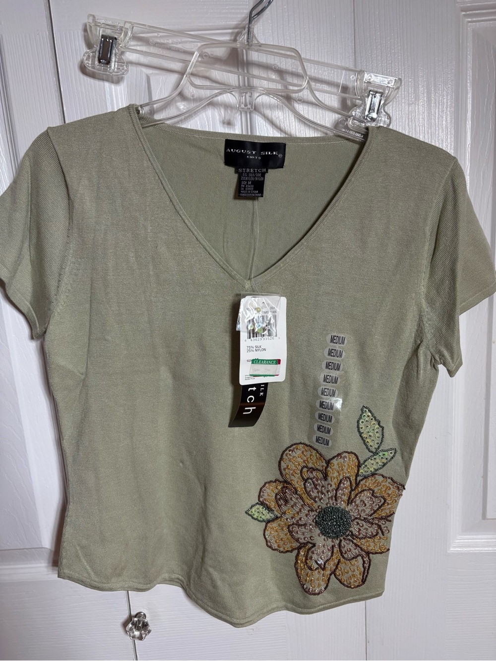 august silk Olive Green V-Neck Short Sleeve Top with Beaded Floral Appliqué